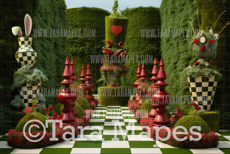 Alice Digital Backdrop - Wonderland Chess Game Garden - Wonderland Enchanted Chess Board- JPG File - Wonderland Digital Background