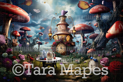 Alice Digital Backdrop - Wonderland Tea Party - Wonderland Enchanted Mushrooms - JPG File - Wonderland Digital Background