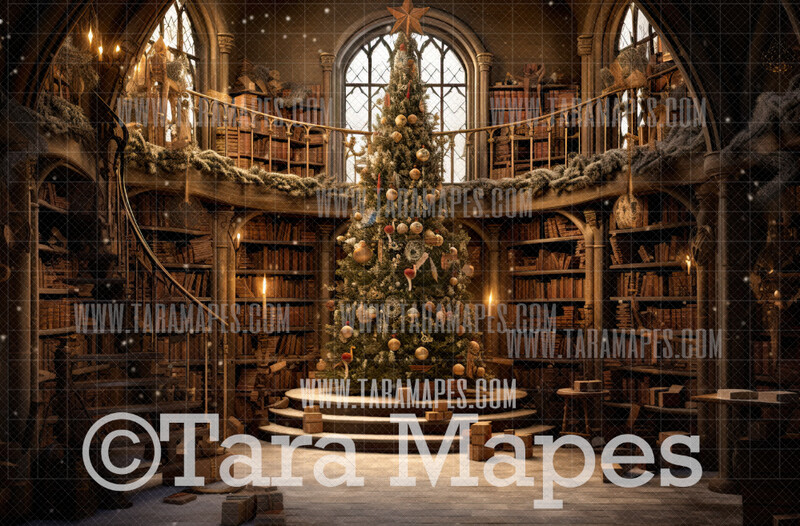 Christmas Wizard Library Digital Backdrop - Christmas Wizard Castle Library  Digital Background - Wizard Christmas Castle Digital Backdrop - Christmas Digital Backdrop