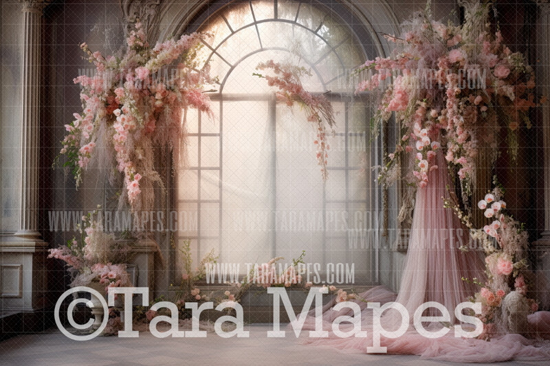Renaissance Room Digital Backdrop - Garden Room with Feathers and Flowers - Pink Painterly Window Digital Background JPG