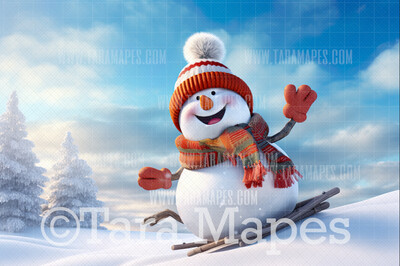Snowman Sledding - Snow man in Winter Snowy Scene- Separate Snow Overlay - Christmas Digital Background Backdrop