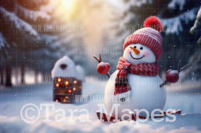 Snowman Sledding - Snow man in Winter Snowy Scene- Separate Snow Overlay - Christmas Digital Background Backdrop