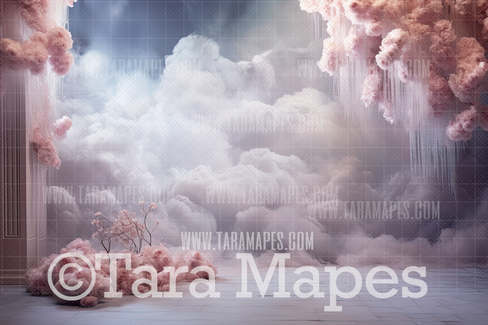 Ethereal Pink Clouds and Roses Digital Background -  Digital Backdrop