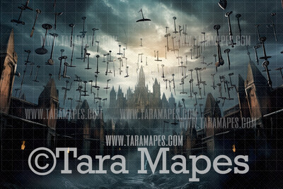 Flying Keys Wizard Digital Backdrop - Magical Scene  - Wizard Digital Background