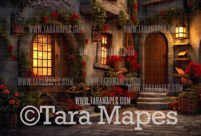 Old World Street Digital Backdrop - Cobblestone street with flowers - Digital Backdrop