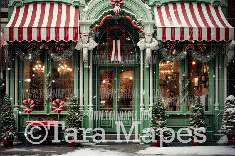 Vintage Striped Green Christmas Shop Digital Backdrop - Christmas Toy Shop - Christmas Gift Shoppe - Christmas Storefront Digital Background