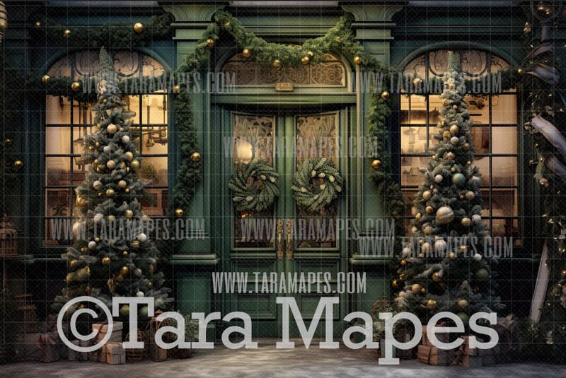 Forest Green Christmas Shop Digital Backdrop - Christmas Toy Shop - Christmas Gift Shoppe - Christmas Storefront Digital Background