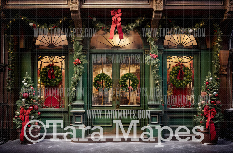 Green Christmas Shop Digital Backdrop - Christmas Toy Shop - Christmas Gift Shoppe - Christmas Storefront Digital Background