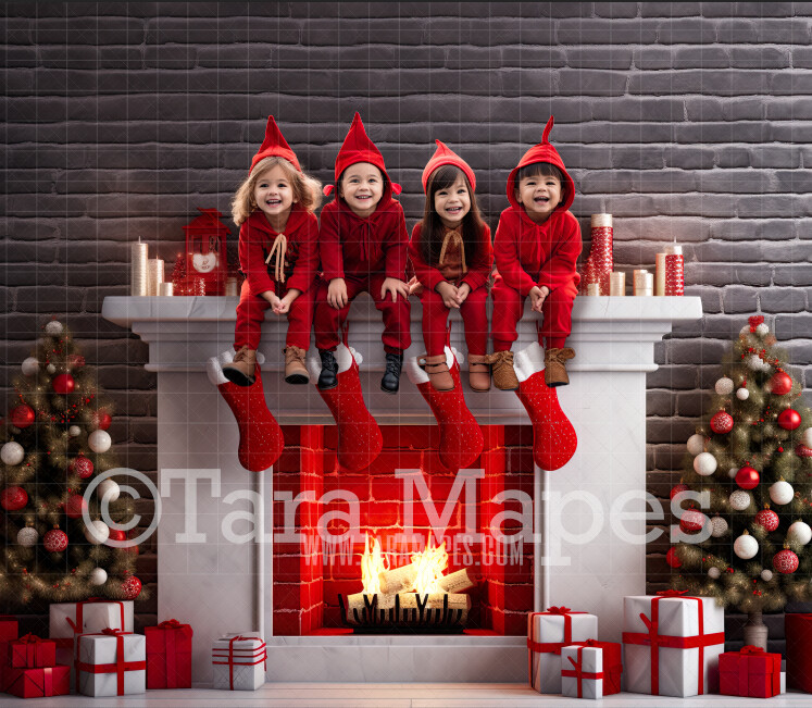 Elf Fireplace Christmas Digital Backdrop - Christmas Fireplace  Digital Background