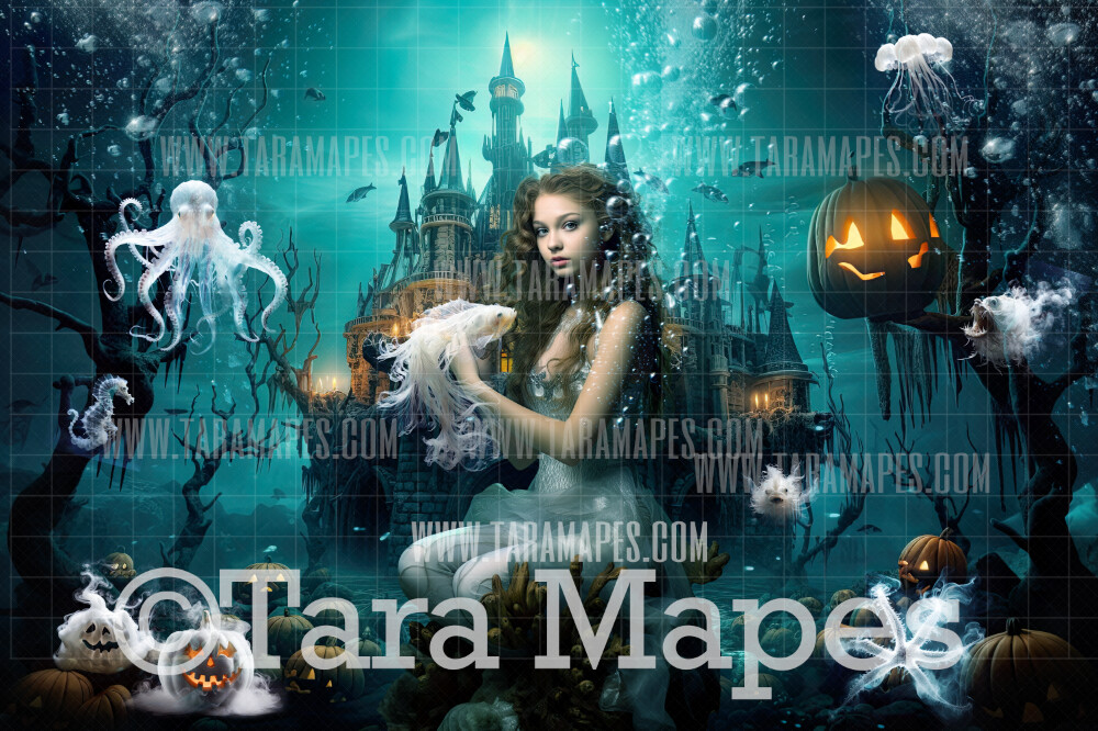 Mermaid Halloween Castle - Mermaid Scene Digital Backdrop