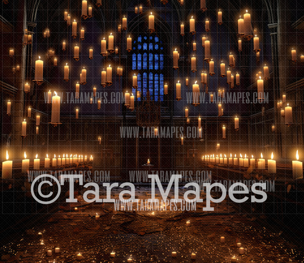 Wizard Castle Hall Digital Backdrop - Wizard Castle Hallway with Floating Candles - Magical Scene - Wizard Digital Background
