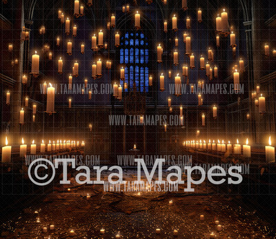 Wizard Castle Hall Digital Backdrop - Wizard Castle Hallway with Floating Candles - Magical Scene  - Wizard Digital Background