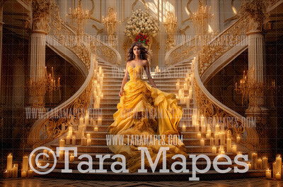 Princess Castle Staircase -  Belle Castle Stairs with Magical Roses Fairytale Castle Stairs - Digital Background Backdrop Photoshop