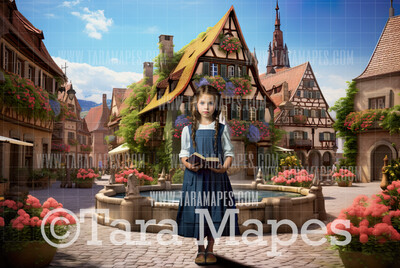 French Town Fountain Digital Backdrop - Belle&#39;s Town -  Digital Background Backdrop Photoshop