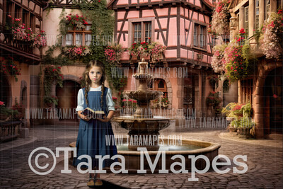 Belle Fountain Digital Backdrop - Belle&#39;s Town -  Digital Background Backdrop Photoshop