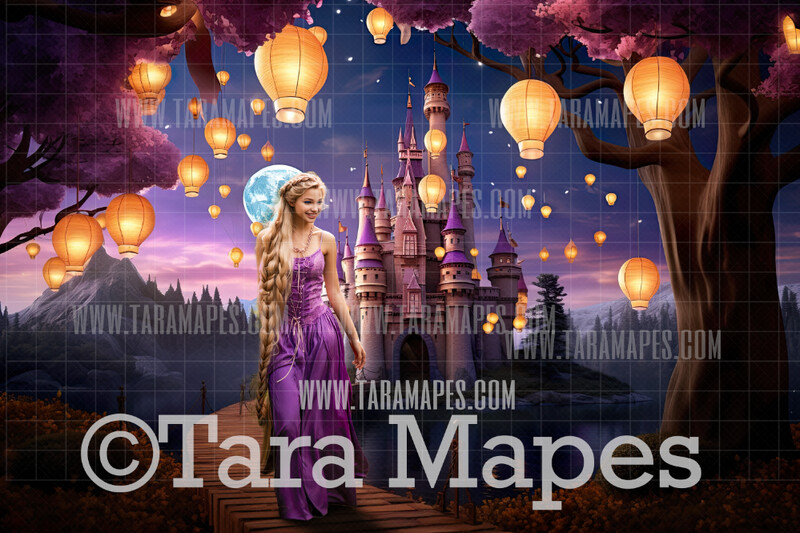 Princess Castle Staircase - Rapunzel Fairytale Castle with Lanterns - Digital Background Backdrop Photoshop