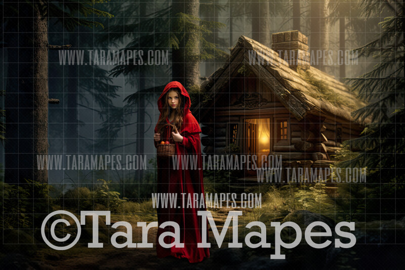 Red Riding Hood Woods Digital Backdrop - Grandma's Cabin Cottage Digital Background Backdrop Photoshop