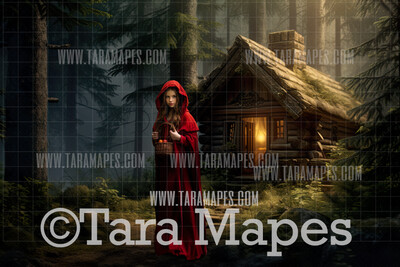 Red Riding Hood Woods Digital Backdrop - Grandma&#39;s Cabin Cottage Digital Background Backdrop Photoshop