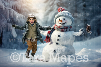 Snowman Sledding - Snow man in Winter Snowy Scene- Separate Snow Overlay - Christmas Digital Background Backdrop