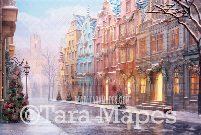 Pastel City Street Digital Backdrop - Pastel Christmas Digital Backdrop