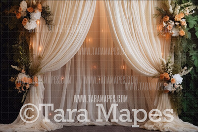 Fairy Light Curtain Digital Backdrop - Ivory Curtains with Flowers and Lights - Curtain Digital Background JPG