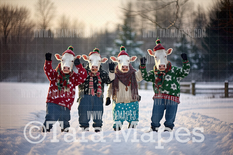 Christmas Cows Dancing  - Dancing Cows - Funny Cows in Winter Snowy Scene- Separate Snow Overlay - Christmas Digital Background Backdrop