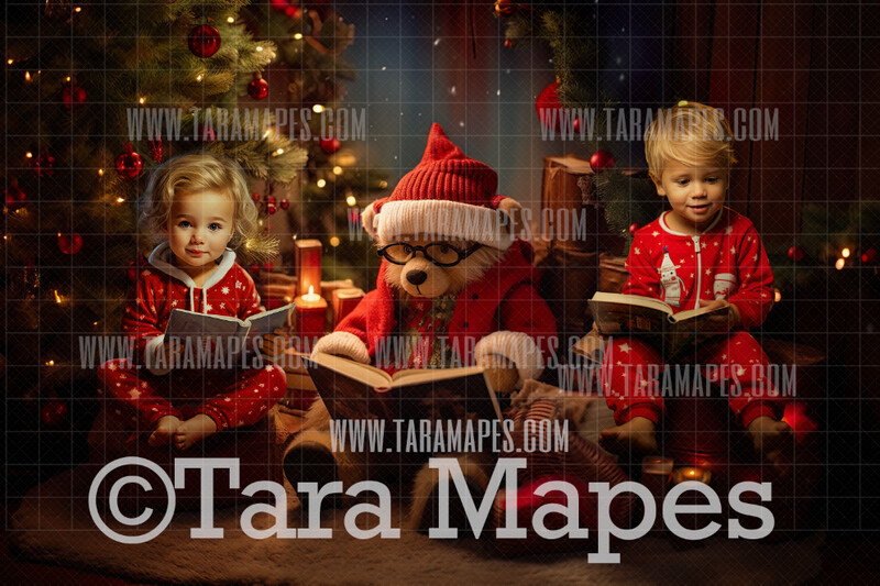 Christmas Teddy Bear Digital Backdrop - Teddy Bear Reading Book - Christmas Digital Background