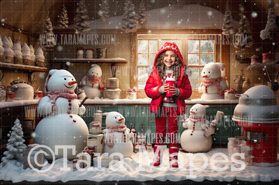 Snowman Kitchen Christmas Digital Backdrop - Snowmen Baking in Kitchen -  Christmas Digital Background