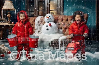 Snowman Melting Christmas Digital Backdrop - Snowman in the House -  Christmas Digital Background