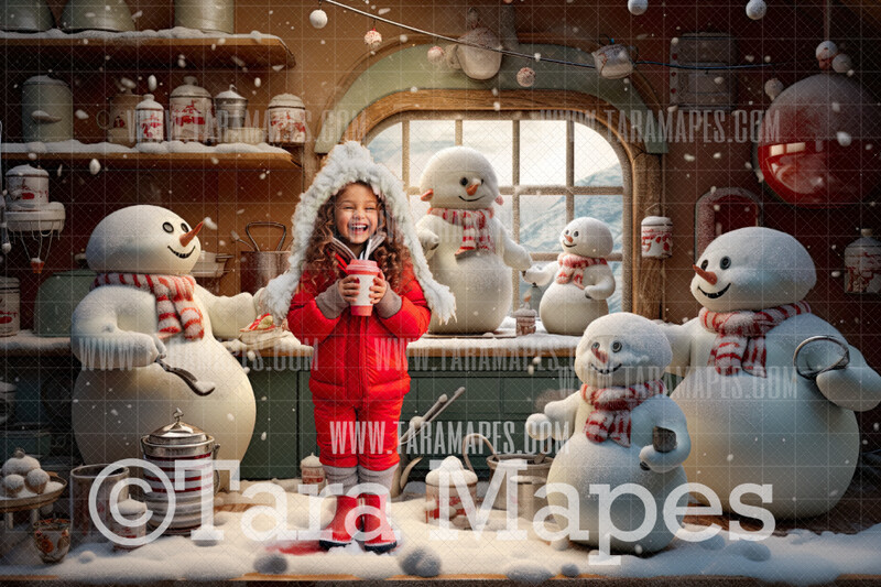 Snowman Kitchen Christmas Digital Backdrop - Snowmen Baking in Kitchen - Christmas Digital Background