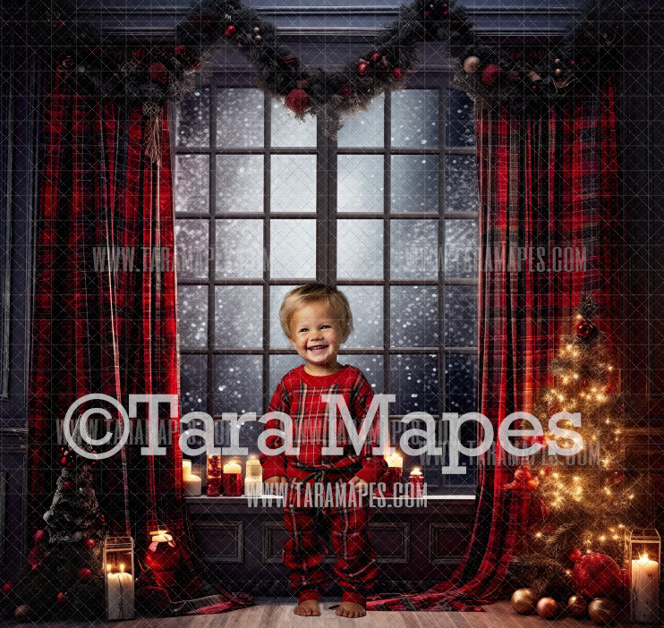 Plaid Christmas Window - Christmas Digital Backdrop - Christmas Crutains Digital Background