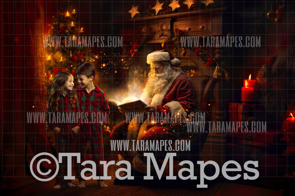 Santa Digital Backdrop - Santa Reading Book by Cozy Fireplace - Santa Scene with Christmas Fireplace - Ornate Christmas Digital Background JPG File