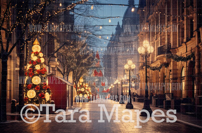 New York Street at Christmas Digital Backdrop - Urban Christmas Street Digital Background - FREE SNOW OVERLAY included