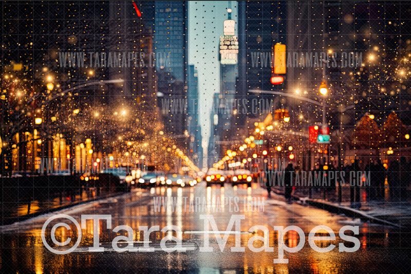 New York Christmas Street Digital Backdrop - Urban Christmas Street Digital Background - FREE SNOW OVERLAY included