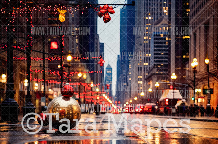 New York Street at Christmas Digital Backdrop - Urban Christmas Street Digital Background - FREE SNOW OVERLAY included