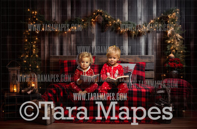 Plaid Christmas Bedroom Digital Backdrop - Christmas Digital Background