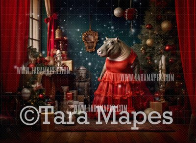 Hippo Dancing - I Want a Hippo Hippopotamus For Christmas - Christmas Hippo with Bow - Digital Background Backdrop