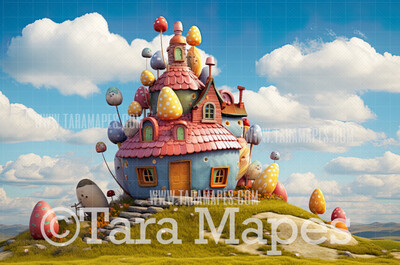 Easter Egg House Digital Backdrop - Magical Easter Egg House with Easter Eggs - Pastel Easter Land Digital Background JPG