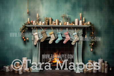 Christmas Fireplace Digital Backdrop - Rustic Christmas Room  - Christmas Mantle Digital Background JPG