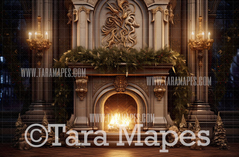 Christmas Fireplace Digital Backdrop - Rustic Christmas Room  - Christmas Mantle Digital Background JPG