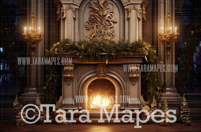 Christmas Fireplace Digital Backdrop - Rustic Christmas Room  - Christmas Mantle Digital Background JPG