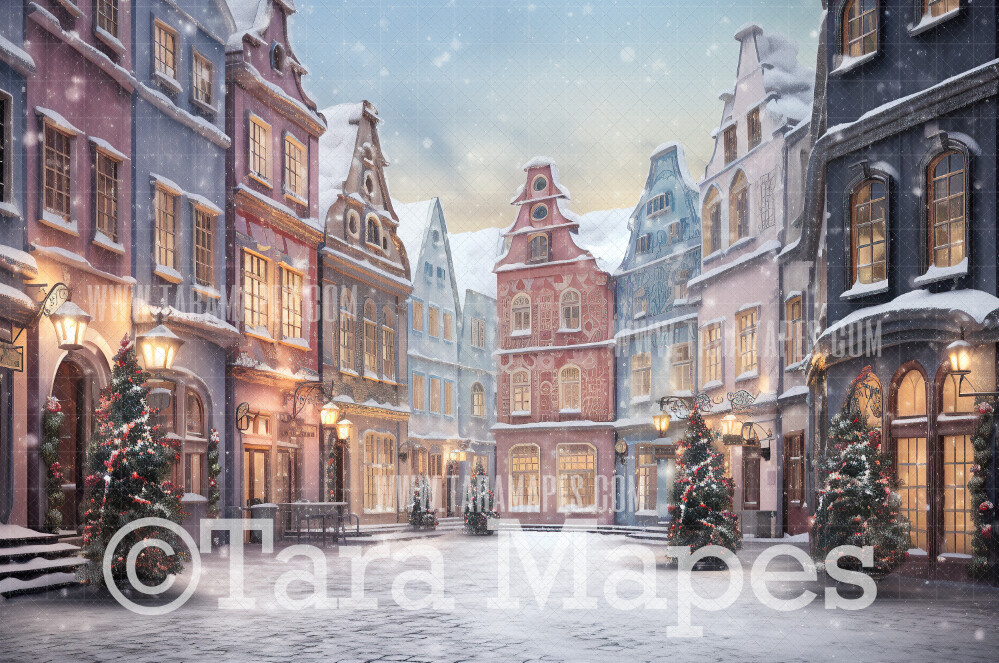Pastel Christmas Street Digital Backdrop - Christmas Street Digital Background - FREE SNOW OVERLAY included