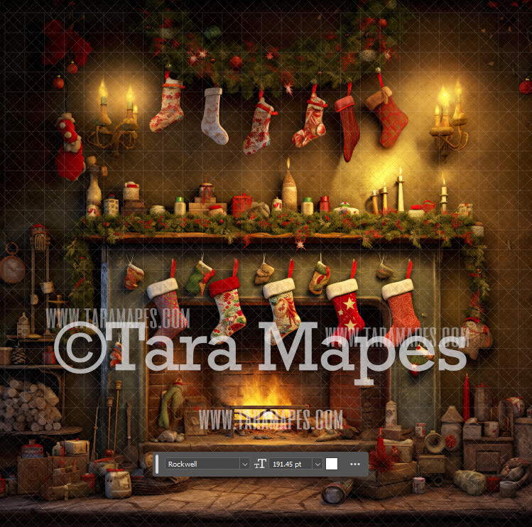 Christmas Fireplace Digital Backdrop - Rustic Christmas Room  - Christmas Mantle Digital Background JPG