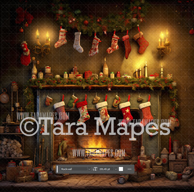 Christmas Fireplace Digital Backdrop - Rustic Christmas Room  - Christmas Mantle Digital Background JPG