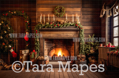 Christmas Fireplace Digital Backdrop - Rustic Christmas Room  - Christmas Mantle Digital Background JPG