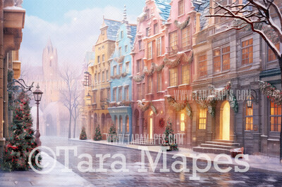 Pastel Christmas Street Digital Backdrop - Christmas Street Digital Background - FREE SNOW OVERLAY included