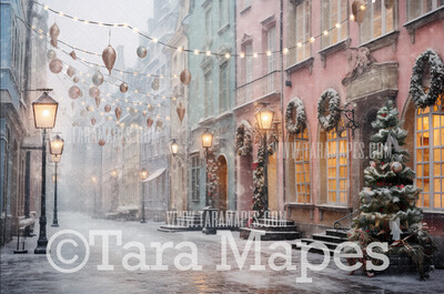 Pastel Christmas Street Digital Backdrop - Christmas Street Digital Background - FREE SNOW OVERLAY included