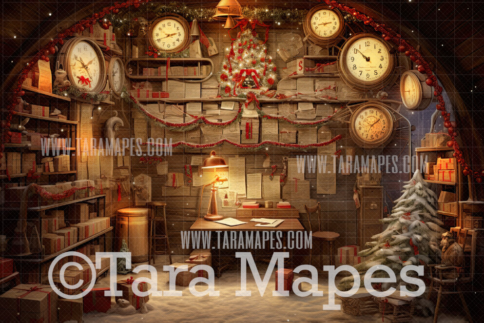 Santa&#39;s Mail Room Digital Backdrop - Rustic Santa Workshop  - Christmas Digital Background JPG