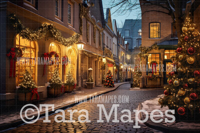 Christmas Street Digital Backdrop - Christmas Street Digital Background - FREE SNOW OVERLAY included
