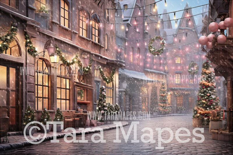 Pastel Christmas Street Digital Backdrop - Christmas Street Digital Background - FREE SNOW OVERLAY included